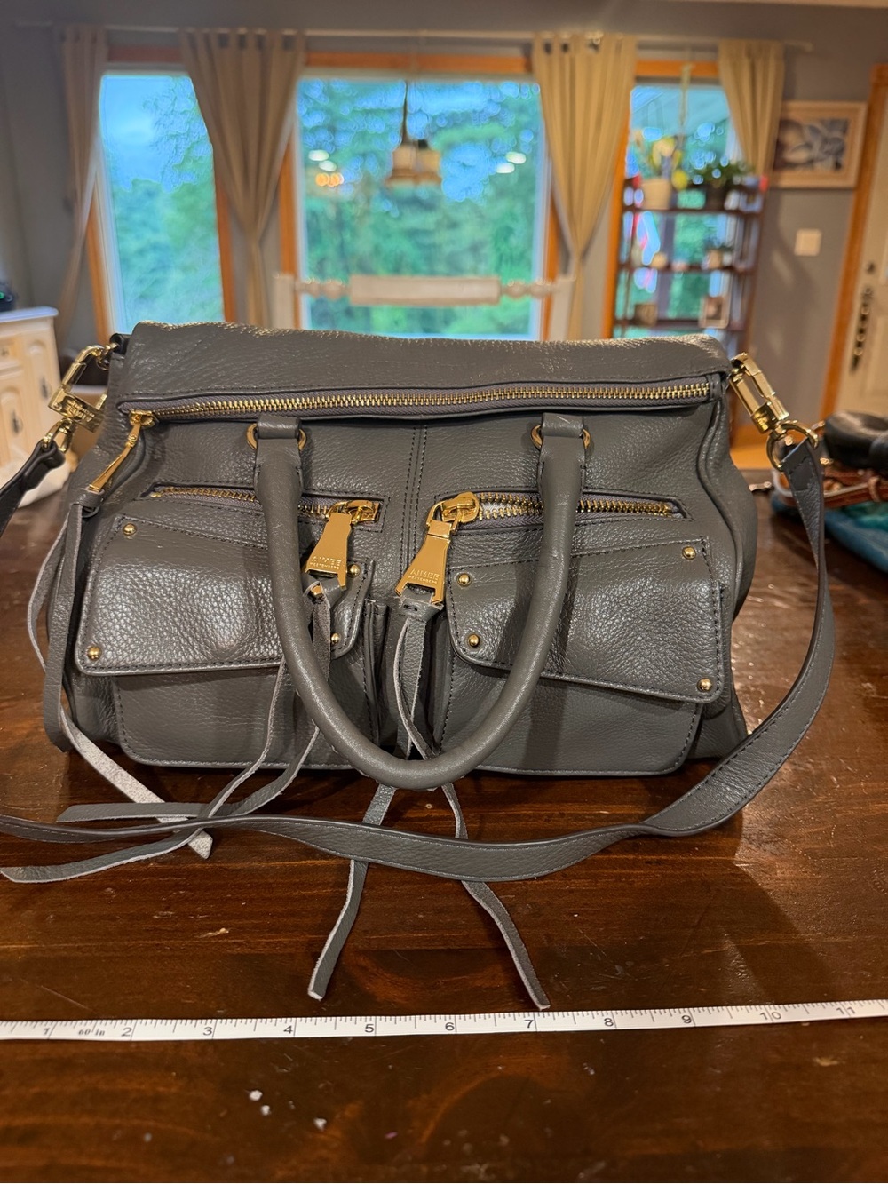 Aimee Kastenberg Gray Leather Satchel Handbag with Gold Hardware